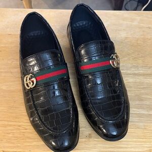 Black Embossed Leather Loafers with Gold Accent